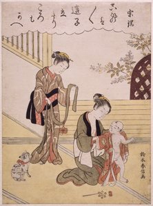P.312-1941 Uma mãe que veste seu filho pequeno em um quimono (impressão de woodblock de cor) de Suzuki Harunobu