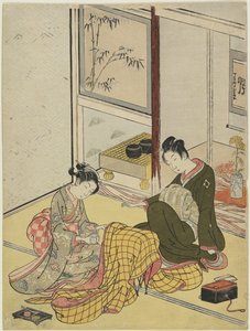 Perfumando um roupão como uma mitra dos quatro passatempos elegantes, outono de 1767 (impressão em xilogravura a cores) de Suzuki Harunobu