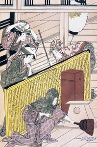 Servant chasing mice in house, ukiyo-e art print by Suzuki Harunobu (1725-1770), woodcut, civilização japonesa, período Edo de Suzuki Harunobu