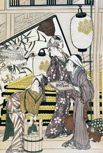 Servidores de trabalhos manuais em casa, ukiyo-e arte impressa por Suzuki Harunobu (1725-1770), xilogravura, civilização japonesa, período Edo de Suzuki Harunobu