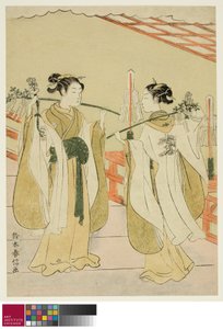 Donami do santuário Onami e Ohatsu dançando no santuário de Yushima Tenjin, c.1769 de Suzuki Harunobu