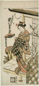 O ator Segawa Kikunojo II como a cortesã Ummegae na peça "Hiragana Seisuiki", apresentada no Teatro Ichimura no primeiro mês de 1764 de Suzuki Harunobu