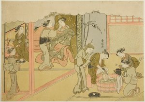 O primeiro parto (Uizan), a sétima folha da série "Casamento em estampas de brocado, a carruagem da mulher virtuosa (Konrei nishiki misao-guruma)" de Suzuki Harunobu