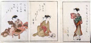 Três cortesãs. Da esquerda para a direita, Hiinatsuru, Hanagishi e a terceira não identificada. Impressões de Harunobu Suzuki (1724/25-1770). de Suzuki Harunobu