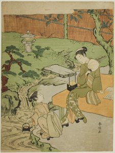 Duas garotas curtindo a noite fresca em um jardim de Suzuki Harunobu
