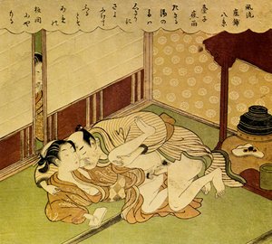 Dois amantes Shunga - impressão erótica em xilogravura, c. 1750