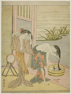 Duas mulheres lavando o cabelo de Suzuki Harunobu