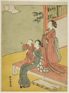 Duas mulheres e uma criança vendo a lua cheia de Suzuki Harunobu
