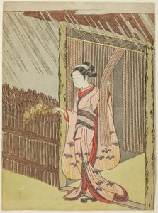 Mulher segurando um ramo de flores Kerria na chuva (paródia de Ota Dokan) de Suzuki Harunobu