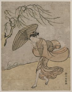 Mulher correndo por um salgueiro em uma brisa de Suzuki Harunobu