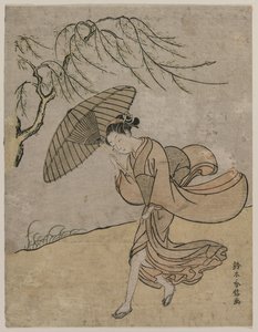 Mulher correndo passado uma árvore de salgueiro em uma brisa, 1766 ou 1767. de Suzuki Harunobu