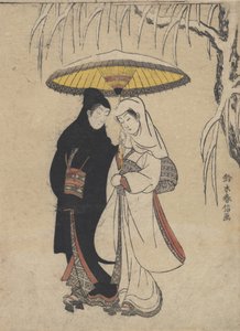 Jovens amantes caminhando juntos sob um guarda-chuva em uma tempestade de neve Corvo e garça, ca. ..., cerca de 1769. de Suzuki Harunobu