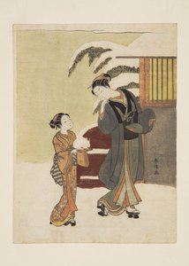 Jovem Mulher Admirando um Coelho de Neve (impressão a cores de bloco de madeira) de Suzuki Harunobu