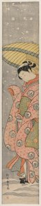 Jovem de pé sob um guarda-chuva na neve, 1767-1768. de Suzuki Harunobu