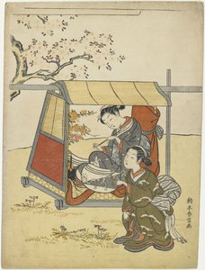 Jovem mulher que vê flores de cerejeira como um Mitate da senhora Nakanokimi, c. 1767 de Suzuki Harunobu