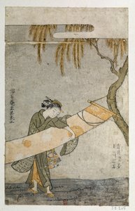 Uma jovem que cuida de um kakemono agarra-se a uma árvore. Impressão japonesa de Harunobu Suzuki (1725-1770) de Suzuki Harunobu