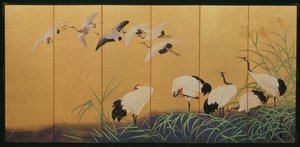 Tela de seis vezes representando palhetas e guindastes, período Edo, japonês, século XIX (cor sobre seda dourada)