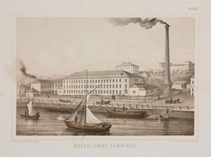 Rosenlunds Fabriker (Fábrica Rosenlunds), Rosenlunds, Estocolmo, Suécia, c.1840 (cor litho) de Swedish School