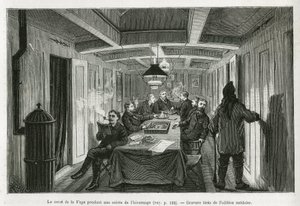 A praça de La Vega, durante uma noite de inverno, e as atividades da equipe: leitura, jogos de xadrez e gamão, assim como degustação de licores. Gravura da edição sueca, para ilustrar a história "Voyage de la Vega around Asia and Europe", de Ni de Swedish School