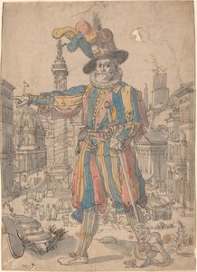 Giovanni Grosso dos guardas suíços em pé diante de uma vista de Roma de Swiss 17th Century after Francesco Villamena