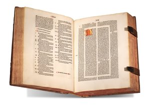 De civitate Dei, com comentário de Thomas Waleys (morto antes de 1349) e Nicolaus Trivet (1258 -1328), de Agostinho de Hipona, impresso em 1489 (pergaminho) de Swiss School