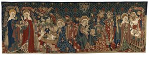 Dorsal de tapeçaria representando quatro cenas da Vida da Virgem, de Basileia, c.1450-75 (fios de lã e linho branco) de Swiss School