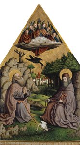 A alimentação milagrosa de Santo Antônio e São Paulo, o Eremita (mídia mista sobre madeira) de Swiss School