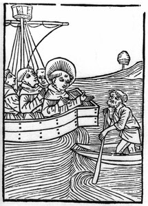 A lenda de Saint Brendan (Brandan), heróis e santo irlandês do século VI: Confrades encontram um anão no fim do mundo. Gravação de "Die Wunderbare Meerfahrt des Hl. Brandan". Bale de Swiss School