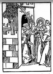 A lenda de Saint Brendan (Brandan), heróis e santo irlandês do século VI. Um dos monges está preso. Gravação de "Die Wunderbare Meerfahrt des Hl. Brandan". Bale de Swiss School