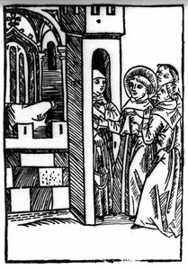 A lenda de Saint Brendan (Brandan), heróis e santo irlandês do século VI. Um dos monges rouba um cálice. Gravação de "Die Wunderbare Meerfahrt des Hl. Brandan". Bale de Swiss School