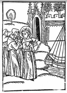 A lenda de Saint Brendan (Brandan), heróis e santo irlandês do século VI. Os monges e São Brendan descobrem o Paraíso Terrestre. Gravação de "Die Wunderbare Meerfahrt des Hl. Brandan". Bale de Swiss School
