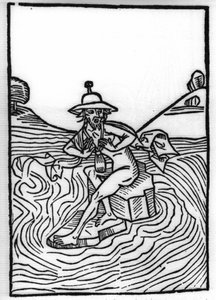 A lenda de Saint Brendan (Brandan), heróis e santo irlandês do século VI: O encontro com Judas sofrendo de muitos tormentos. Gravura de "Die Wunderbare Meerfahrt des Hl. Brandan". Bale de Swiss School