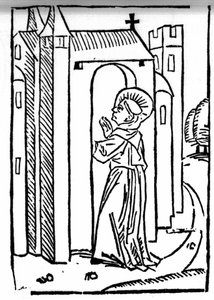 A lenda de Saint Brendan (Brandan), heróis e santo irlandês do século VI. O regresso do santo tem o seu mosteiro. Gravação de "Die Wunderbare Meerfahrt des Hl. Brandan". Bale de Swiss School