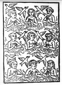A lenda de Saint Brendan (Brandan), heróis e santo irlandês do século VI: Os incêndios do Purgatório e dos pássaros de fogo. Gravura de "Die Wunderbare Meerfahrt des Hl. Brandan". Bale de Swiss School