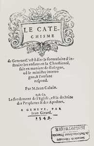 Página de rosto do Catecismo de João Calvino, publicado em Genebra, 1549 de Swiss School