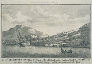 O Capitão Cook, tendo naufragado na sua viagem à volta do mundo, reparou o Endeavour num porto de uma das Ilhas Hope, c.1786 (gravura)