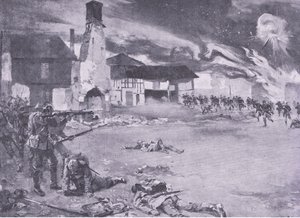 Combate de rua na fronteira franco-alemã: Um ataque francês à guarda prussiana, da História da Grande Guerra Vol. 3, publicada pela Waverley Book Co Limited, c.1920 de Sydney Adamson