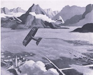 Escoteiros britânicos deixando seu aeródromo em patrulha sobre Asiago Plateau, na Itália, da British Adventure, publicado por Collins, 1947 de Sydney Carline