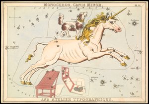 Monoceros, Canis Minor e Atelier Typographique, c.1825 (cartão, papel, tecido) de Sydney Hall