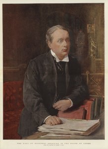 O Conde de Rosebery falando na Casa dos Lordes (cor litho)