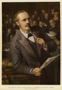 O Meritíssimo Arthur James Balfour, Deputado, dirigindo-se à Câmara dos Comuns (cor litho)