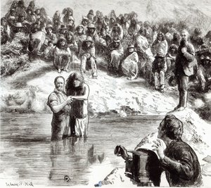 Um batismo de índios norte-americanos - mórmons posando como apóstolos de Cristo, 1892 de Sydney Prior Hall
