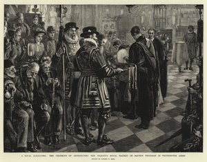 A Royal Almsgiving, a cerimônia de distribuição do Royal Maundy de Sua Majestade na Quinta-feira Santa na Abadia de Westminster de Sydney Prior Hall