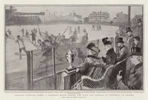 Jogo nacional do Canadá, um jogo de lacrosse antes do duque e da duquesa de Cornwall em Ottawa de Sydney Prior Hall