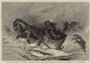 Esboços canadenses, cruzando a ponte de gelo da ilha de St. Orleans para Quebec em uma tempestade de neve de Sydney Prior Hall