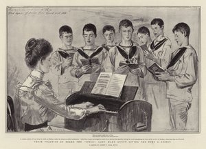 Coro pratica a bordo do Ofir, Lady Mary Lygon dando aos meninos uma lição de Sydney Prior Hall