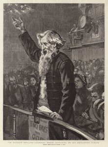 Na Inglaterra Mais Escura, o General Booth dando palestras sobre seu Esquema de Emigração de Sydney Prior Hall