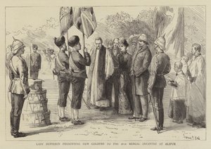 Lady Dufferin apresentando novas cores para a 18ª infantaria de Bengala em Alipur de Sydney Prior Hall