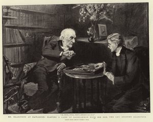 Sr. Gladstone no Hawarden, jogando um jogo de gamão com seu filho, o reverendo Stephen Gladstone de Sydney Prior Hall