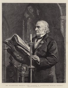 Sr. Gladstone lendo as lições na igreja paroquial de Hawarden